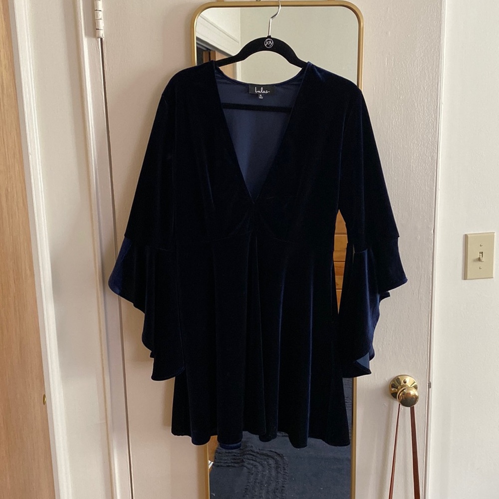 Lulus Blue Bell Sleeves Velvet Skater Dress